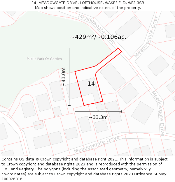 14, MEADOWGATE DRIVE, LOFTHOUSE, WAKEFIELD, WF3 3SR: Plot and title map