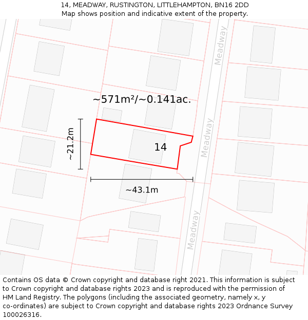 14, MEADWAY, RUSTINGTON, LITTLEHAMPTON, BN16 2DD: Plot and title map