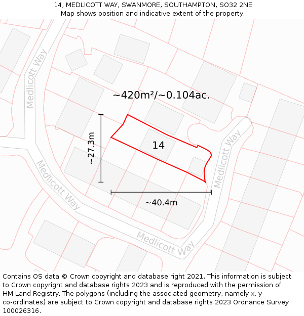 14, MEDLICOTT WAY, SWANMORE, SOUTHAMPTON, SO32 2NE: Plot and title map