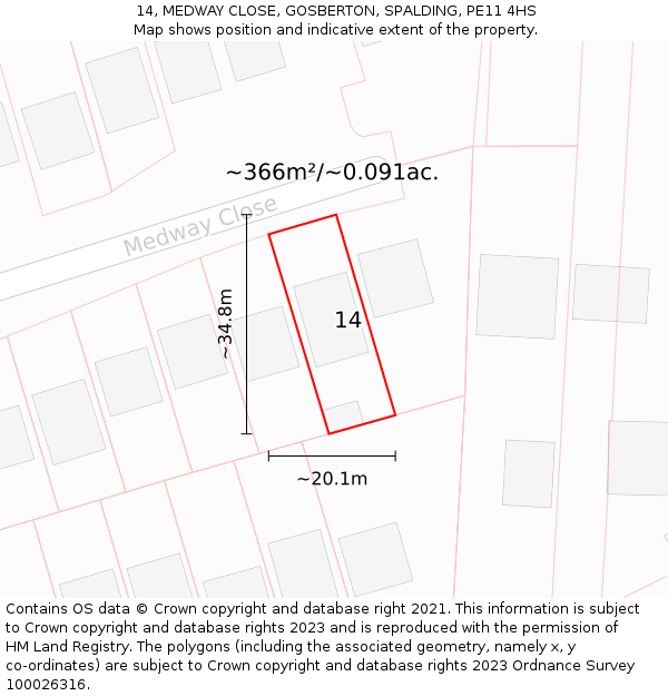 14, MEDWAY CLOSE, GOSBERTON, SPALDING, PE11 4HS: Plot and title map