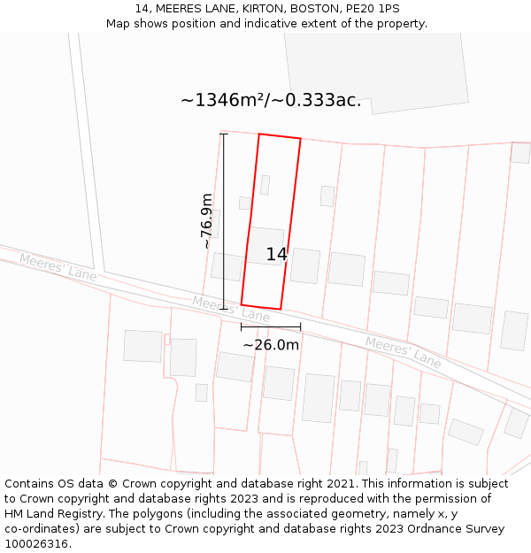 14, MEERES LANE, KIRTON, BOSTON, PE20 1PS: Plot and title map