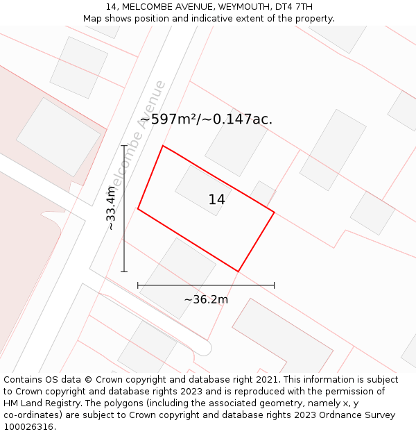 14, MELCOMBE AVENUE, WEYMOUTH, DT4 7TH: Plot and title map
