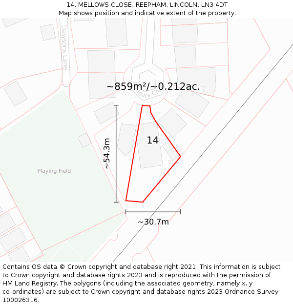 14, MELLOWS CLOSE, REEPHAM, LINCOLN, LN3 4DT: Plot and title map