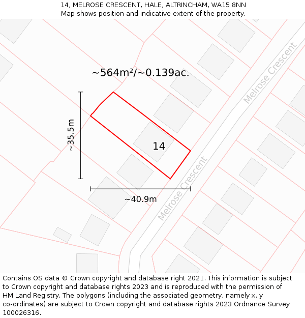 14, MELROSE CRESCENT, HALE, ALTRINCHAM, WA15 8NN: Plot and title map