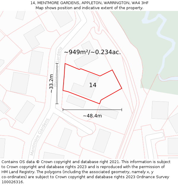 14, MENTMORE GARDENS, APPLETON, WARRINGTON, WA4 3HF: Plot and title map