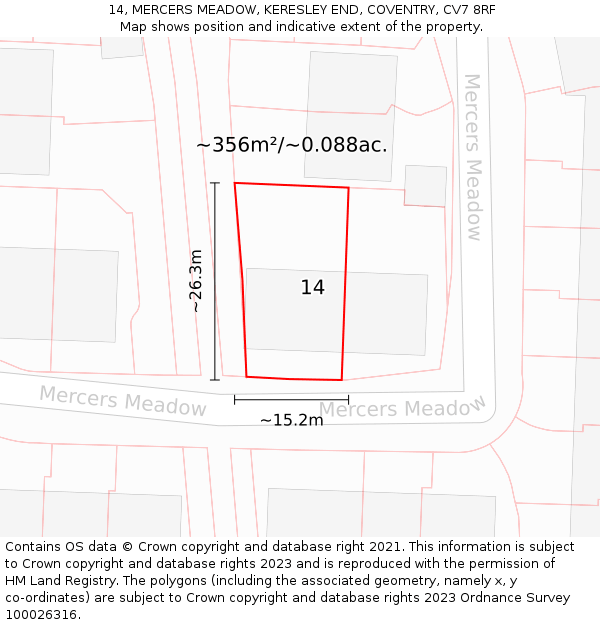 14, MERCERS MEADOW, KERESLEY END, COVENTRY, CV7 8RF: Plot and title map