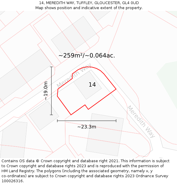 14, MEREDITH WAY, TUFFLEY, GLOUCESTER, GL4 0UD: Plot and title map