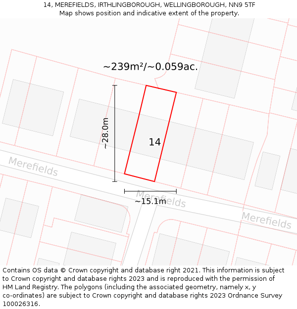 14, MEREFIELDS, IRTHLINGBOROUGH, WELLINGBOROUGH, NN9 5TF: Plot and title map