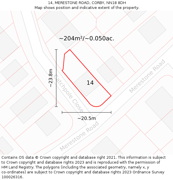 14, MERESTONE ROAD, CORBY, NN18 8DH: Plot and title map
