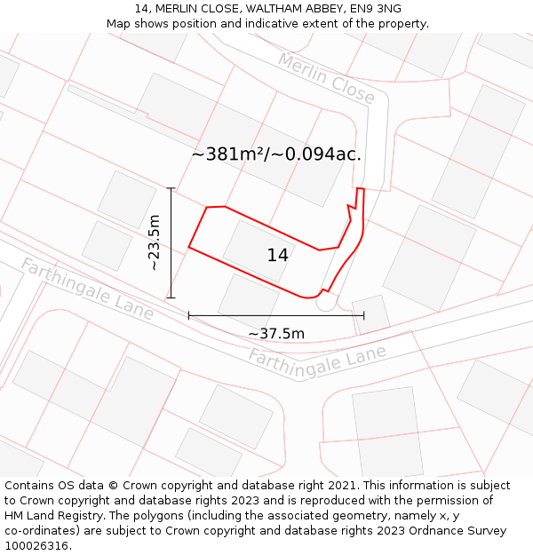 14, MERLIN CLOSE, WALTHAM ABBEY, EN9 3NG: Plot and title map