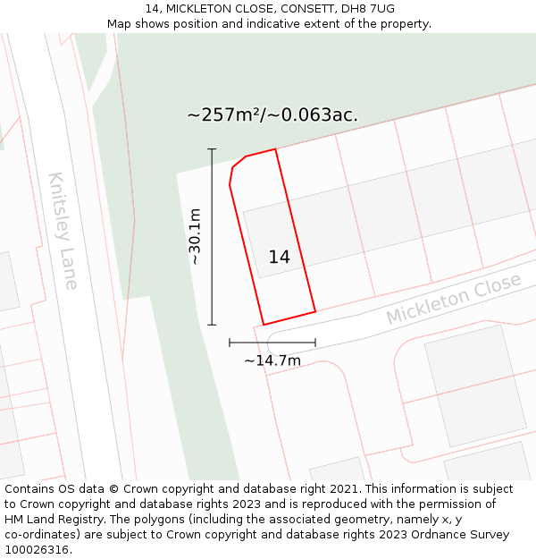 14, MICKLETON CLOSE, CONSETT, DH8 7UG: Plot and title map
