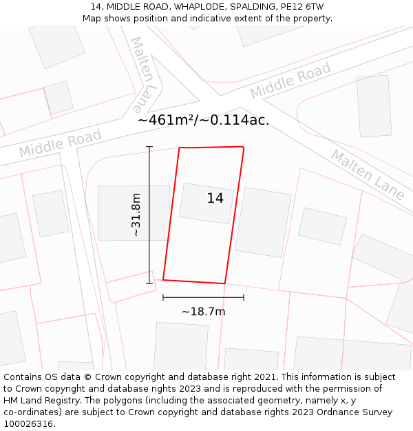 14, MIDDLE ROAD, WHAPLODE, SPALDING, PE12 6TW: Plot and title map