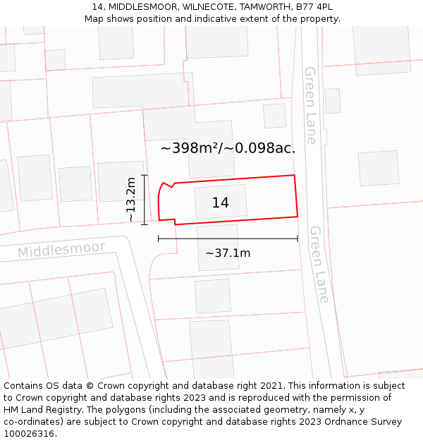 14, MIDDLESMOOR, WILNECOTE, TAMWORTH, B77 4PL: Plot and title map