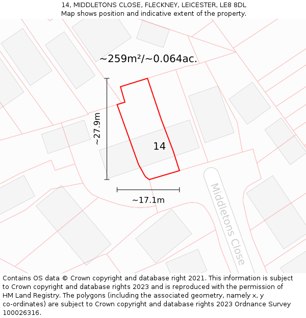 14, MIDDLETONS CLOSE, FLECKNEY, LEICESTER, LE8 8DL: Plot and title map