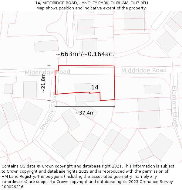 14, MIDDRIDGE ROAD, LANGLEY PARK, DURHAM, DH7 9FH: Plot and title map