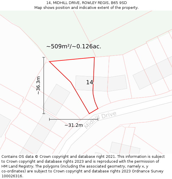 14, MIDHILL DRIVE, ROWLEY REGIS, B65 9SD: Plot and title map