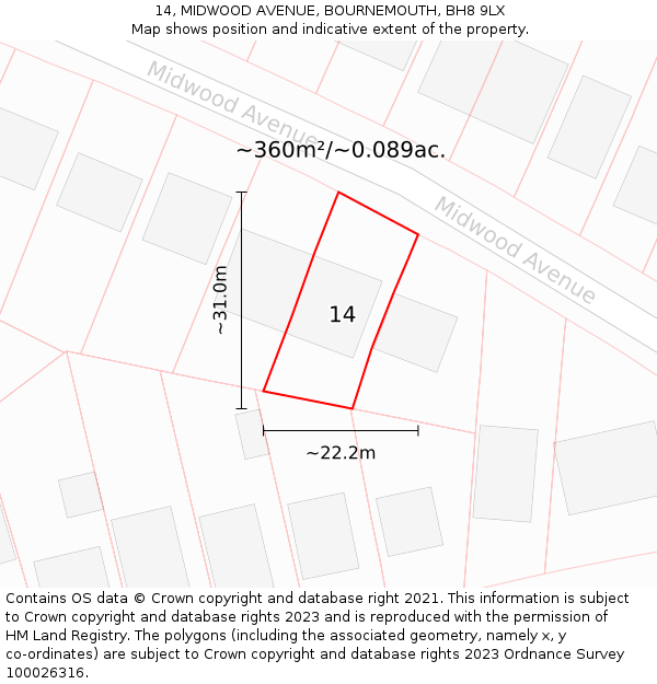 14, MIDWOOD AVENUE, BOURNEMOUTH, BH8 9LX: Plot and title map