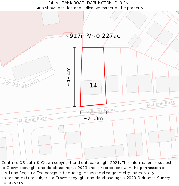 14, MILBANK ROAD, DARLINGTON, DL3 9NH: Plot and title map