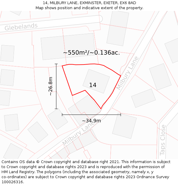 14, MILBURY LANE, EXMINSTER, EXETER, EX6 8AD: Plot and title map