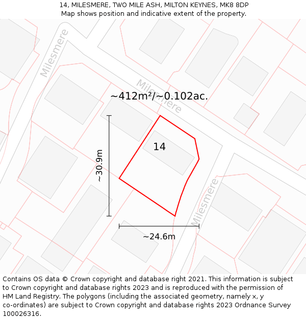 14, MILESMERE, TWO MILE ASH, MILTON KEYNES, MK8 8DP: Plot and title map
