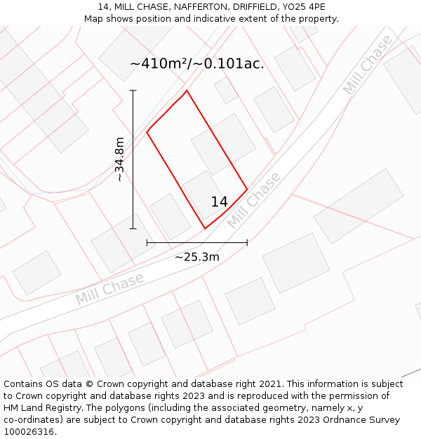 14, MILL CHASE, NAFFERTON, DRIFFIELD, YO25 4PE: Plot and title map