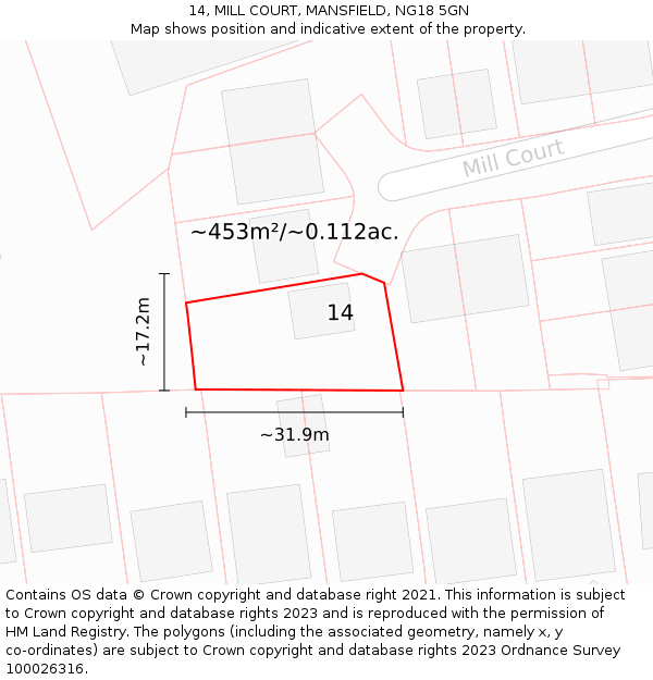 14, MILL COURT, MANSFIELD, NG18 5GN: Plot and title map
