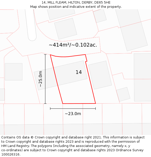 14, MILL FLEAM, HILTON, DERBY, DE65 5HE: Plot and title map