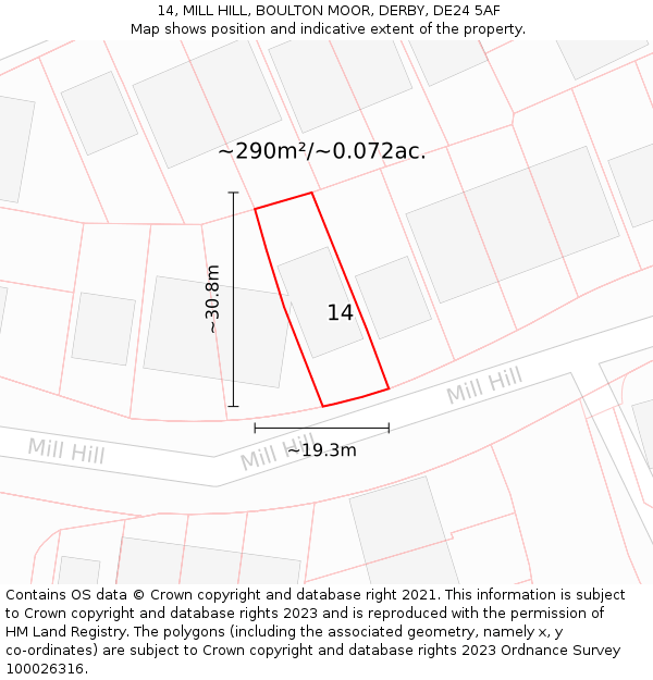 14, MILL HILL, BOULTON MOOR, DERBY, DE24 5AF: Plot and title map
