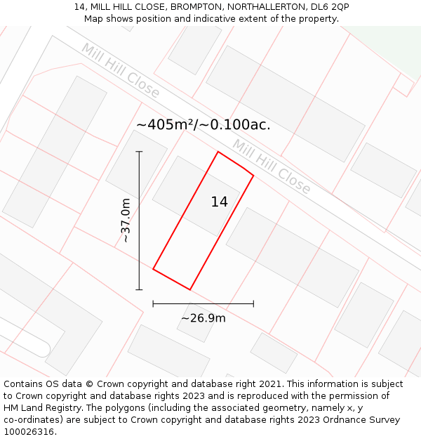 14, MILL HILL CLOSE, BROMPTON, NORTHALLERTON, DL6 2QP: Plot and title map