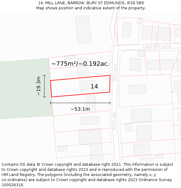 14, MILL LANE, BARROW, BURY ST EDMUNDS, IP29 5BS: Plot and title map