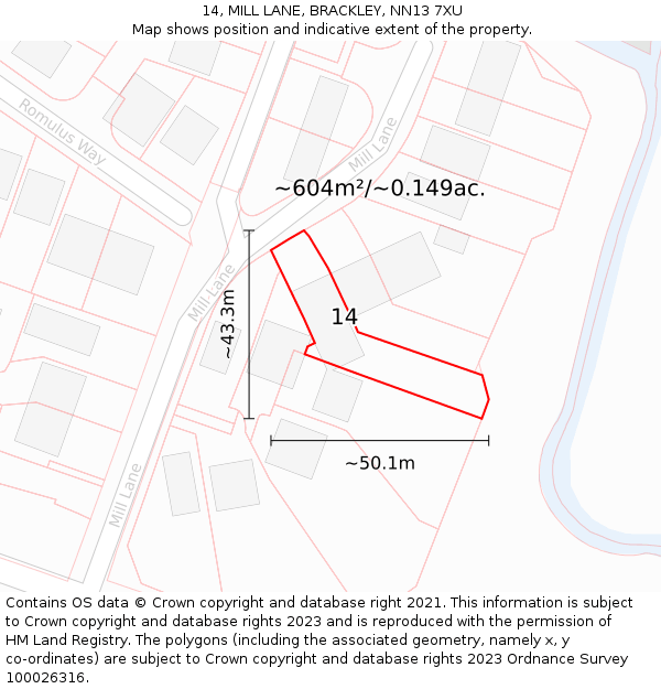 14, MILL LANE, BRACKLEY, NN13 7XU: Plot and title map