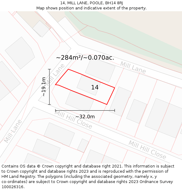 14, MILL LANE, POOLE, BH14 8RJ: Plot and title map