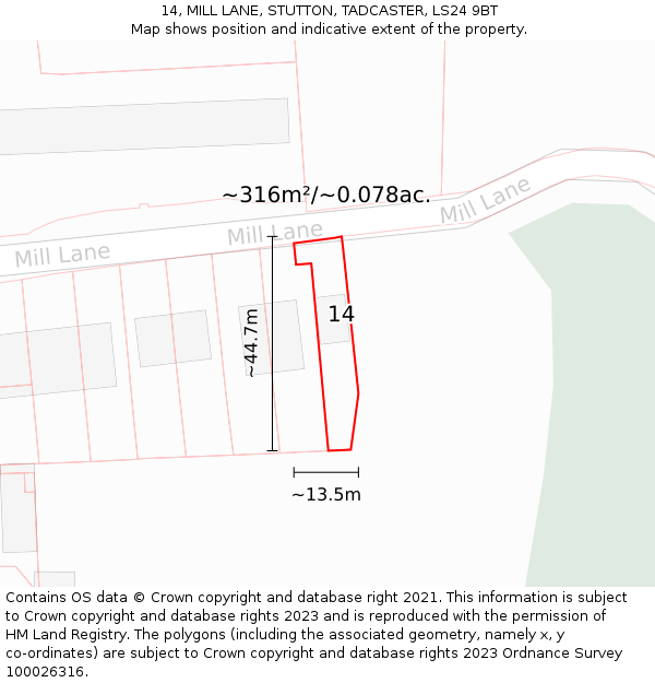 14, MILL LANE, STUTTON, TADCASTER, LS24 9BT: Plot and title map