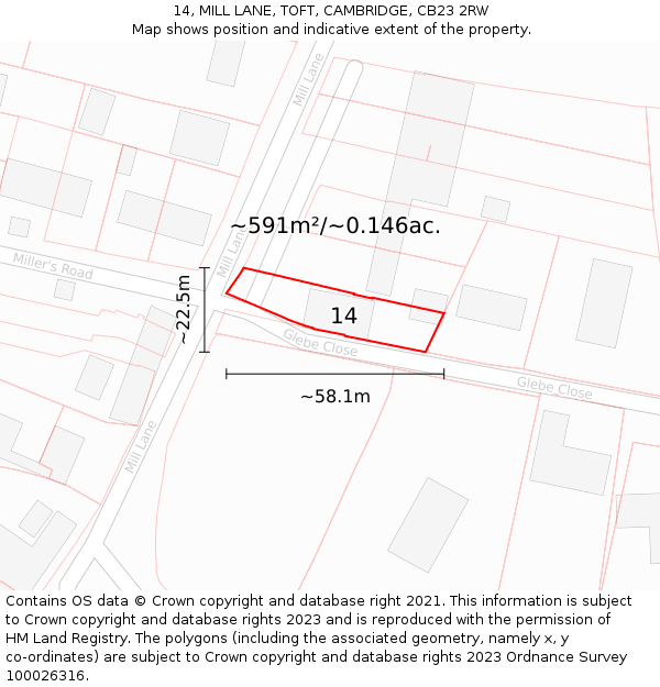 14, MILL LANE, TOFT, CAMBRIDGE, CB23 2RW: Plot and title map