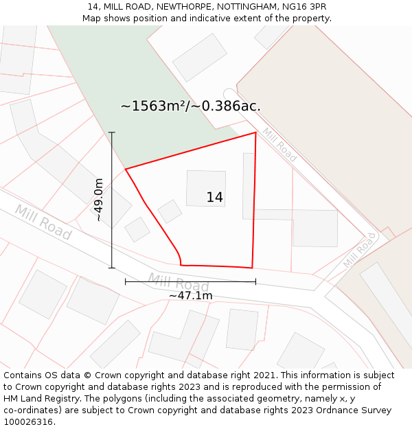 14, MILL ROAD, NEWTHORPE, NOTTINGHAM, NG16 3PR: Plot and title map