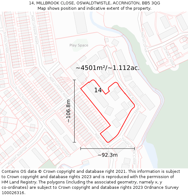 14, MILLBROOK CLOSE, OSWALDTWISTLE, ACCRINGTON, BB5 3QG: Plot and title map