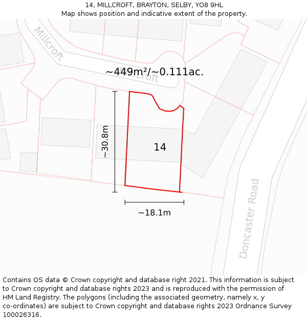 14, MILLCROFT, BRAYTON, SELBY, YO8 9HL: Plot and title map