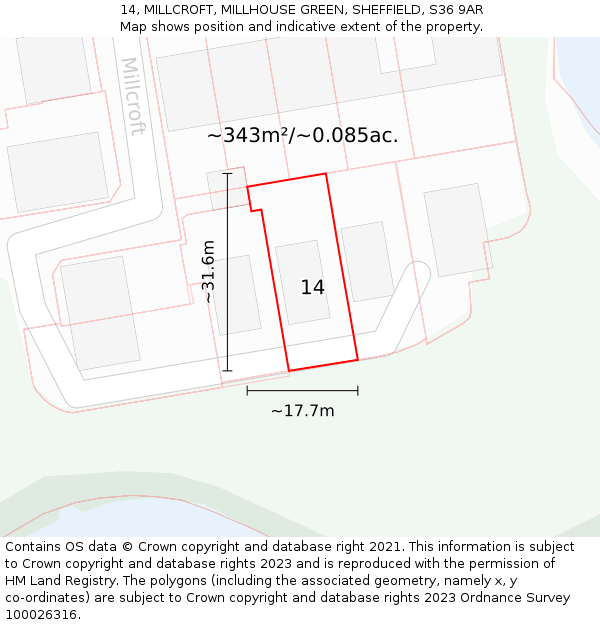 14, MILLCROFT, MILLHOUSE GREEN, SHEFFIELD, S36 9AR: Plot and title map