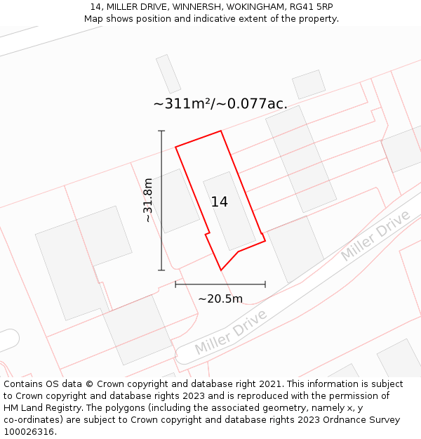 14, MILLER DRIVE, WINNERSH, WOKINGHAM, RG41 5RP: Plot and title map