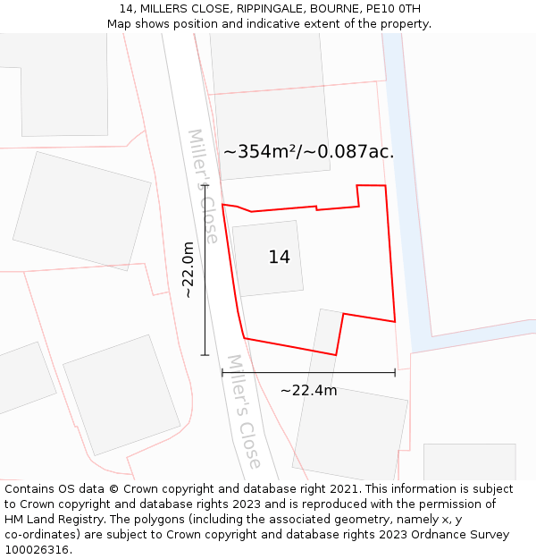 14, MILLERS CLOSE, RIPPINGALE, BOURNE, PE10 0TH: Plot and title map