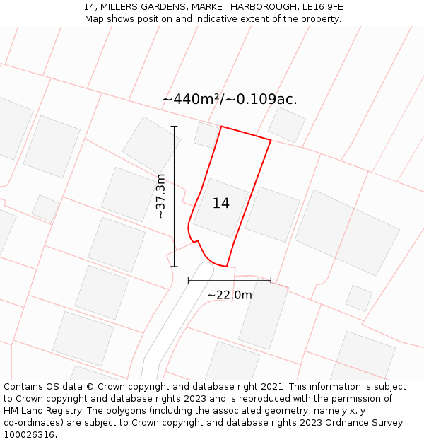 14, MILLERS GARDENS, MARKET HARBOROUGH, LE16 9FE: Plot and title map