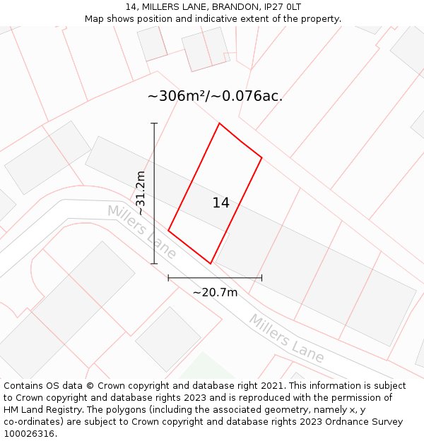 14, MILLERS LANE, BRANDON, IP27 0LT: Plot and title map