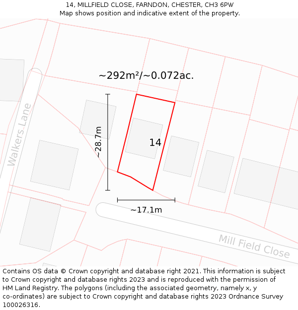 14, MILLFIELD CLOSE, FARNDON, CHESTER, CH3 6PW: Plot and title map