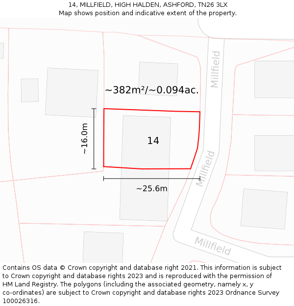 14, MILLFIELD, HIGH HALDEN, ASHFORD, TN26 3LX: Plot and title map