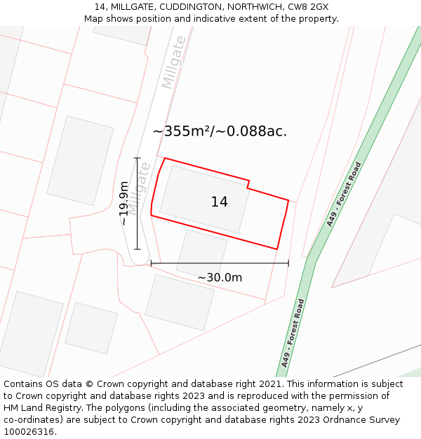 14, MILLGATE, CUDDINGTON, NORTHWICH, CW8 2GX: Plot and title map