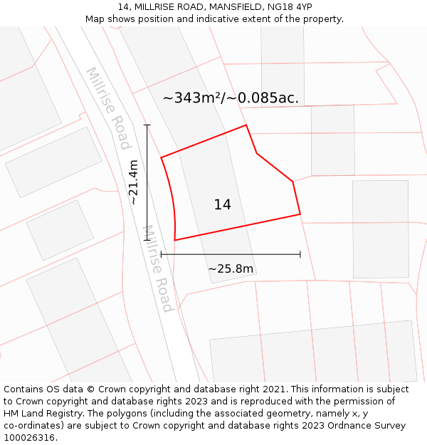 14, MILLRISE ROAD, MANSFIELD, NG18 4YP: Plot and title map