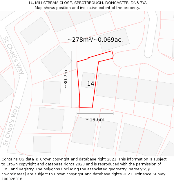 14, MILLSTREAM CLOSE, SPROTBROUGH, DONCASTER, DN5 7YA: Plot and title map