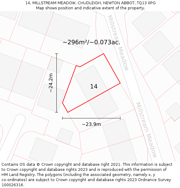 14, MILLSTREAM MEADOW, CHUDLEIGH, NEWTON ABBOT, TQ13 0PG: Plot and title map