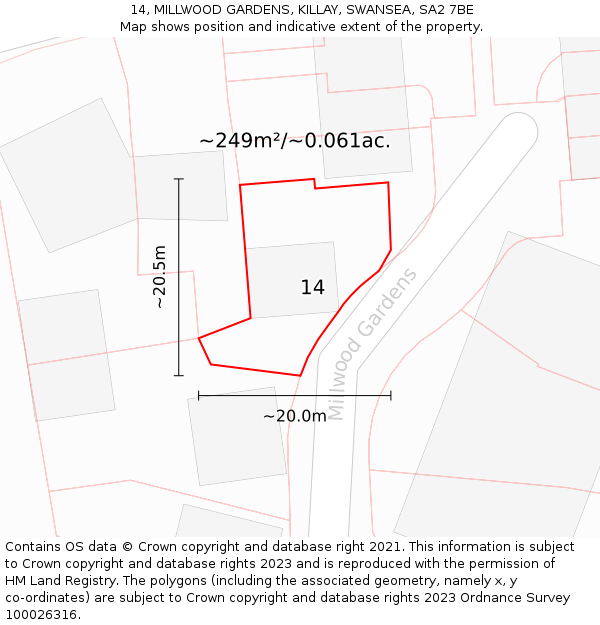 14, MILLWOOD GARDENS, KILLAY, SWANSEA, SA2 7BE: Plot and title map