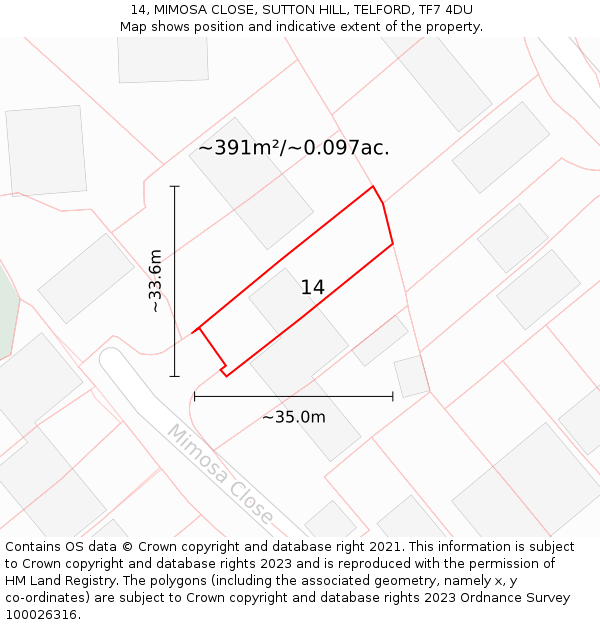 14, MIMOSA CLOSE, SUTTON HILL, TELFORD, TF7 4DU: Plot and title map